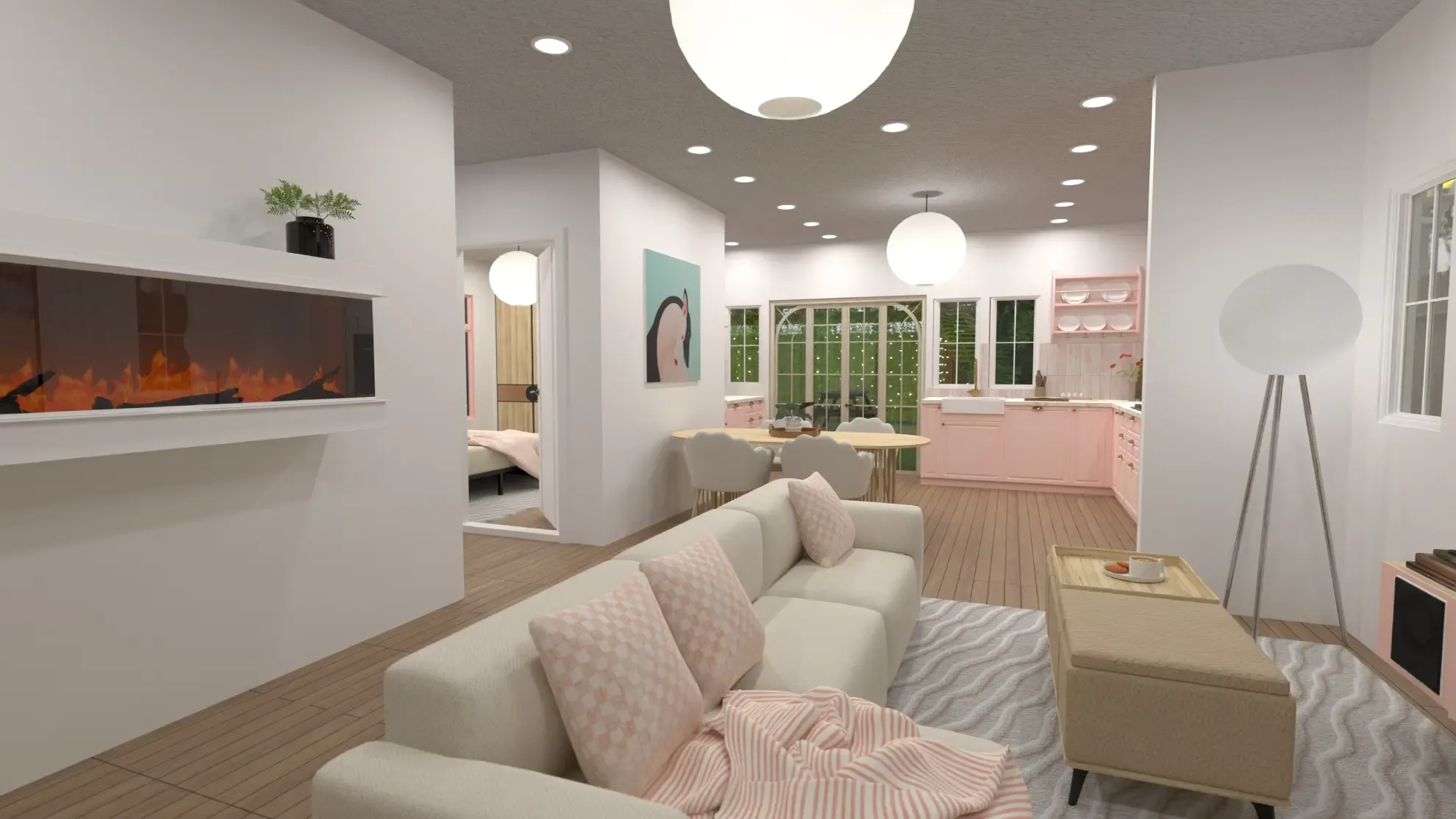 render 3D de sala de estar com ambientes integrados