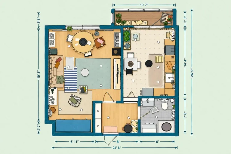 Urban studio apartment floor plan with a multifunctional living and sleeping area, separate kitchen, dining spaces, bathroom, storage, and balcony.