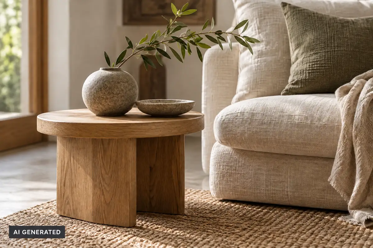 Zen decor detail with a round wooden side table, stone vase, leafy branch, shallow bowl, linen sofa, and woven rug.