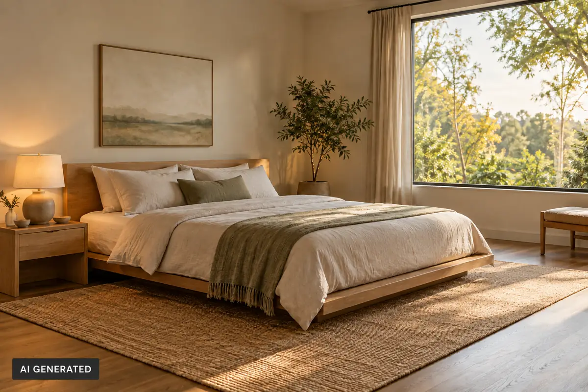 Zen interior design bedroom with a low oak bed, cream bedding, olive green accents, woven rug, and a large window.