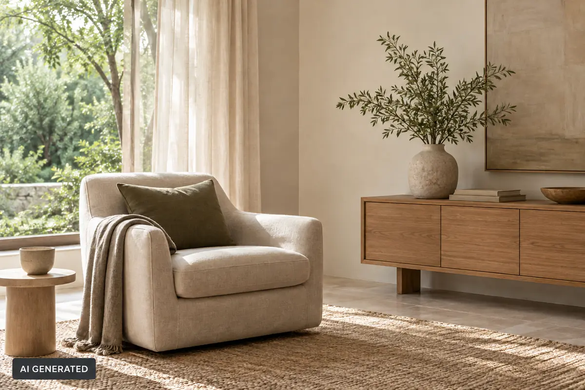 Zen decor reading corner with a cream armchair, wooden side table, natural fiber rug, leafy branch, and garden view.