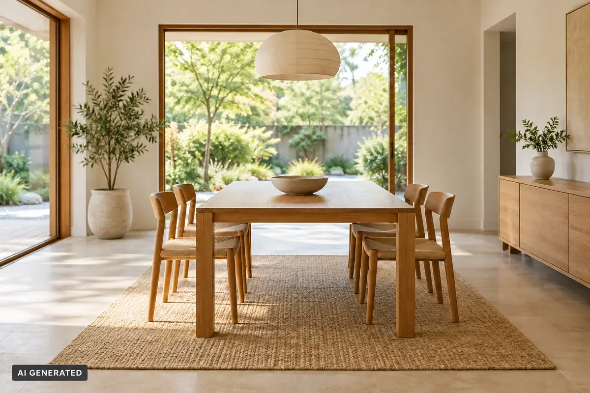 Zen interior design dining room with a centered wood table, four chairs, woven rug, pendant lamp, and garden-facing windows.