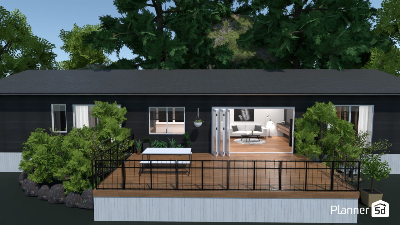 Rendering of a mobile home project with a deck