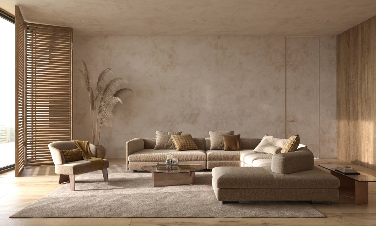 salon de style Japandi, un sofa et un fauteuil en couleur brune, avec un écran en bois