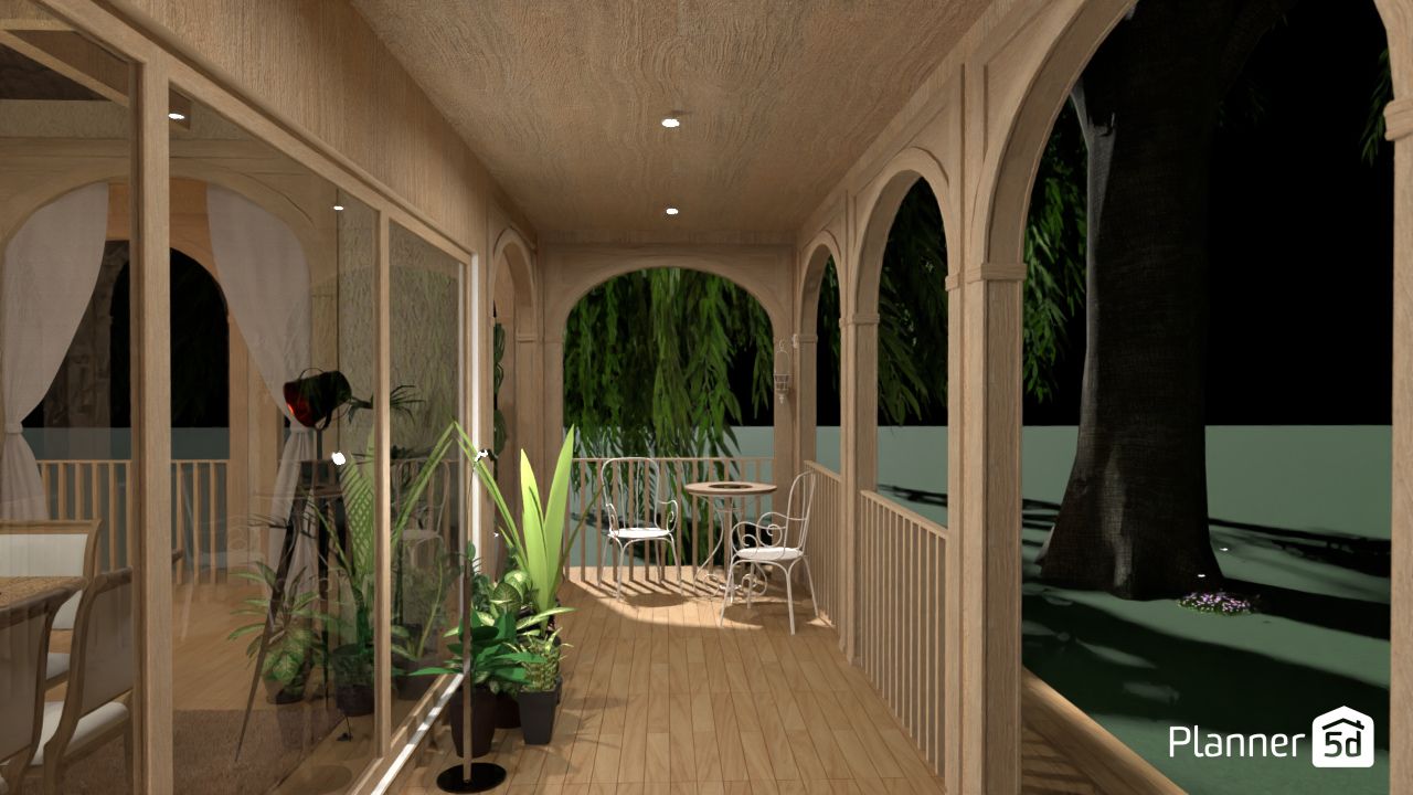 render 3d de patio con porche abierto al jardín, árbol, creado con planner 5d