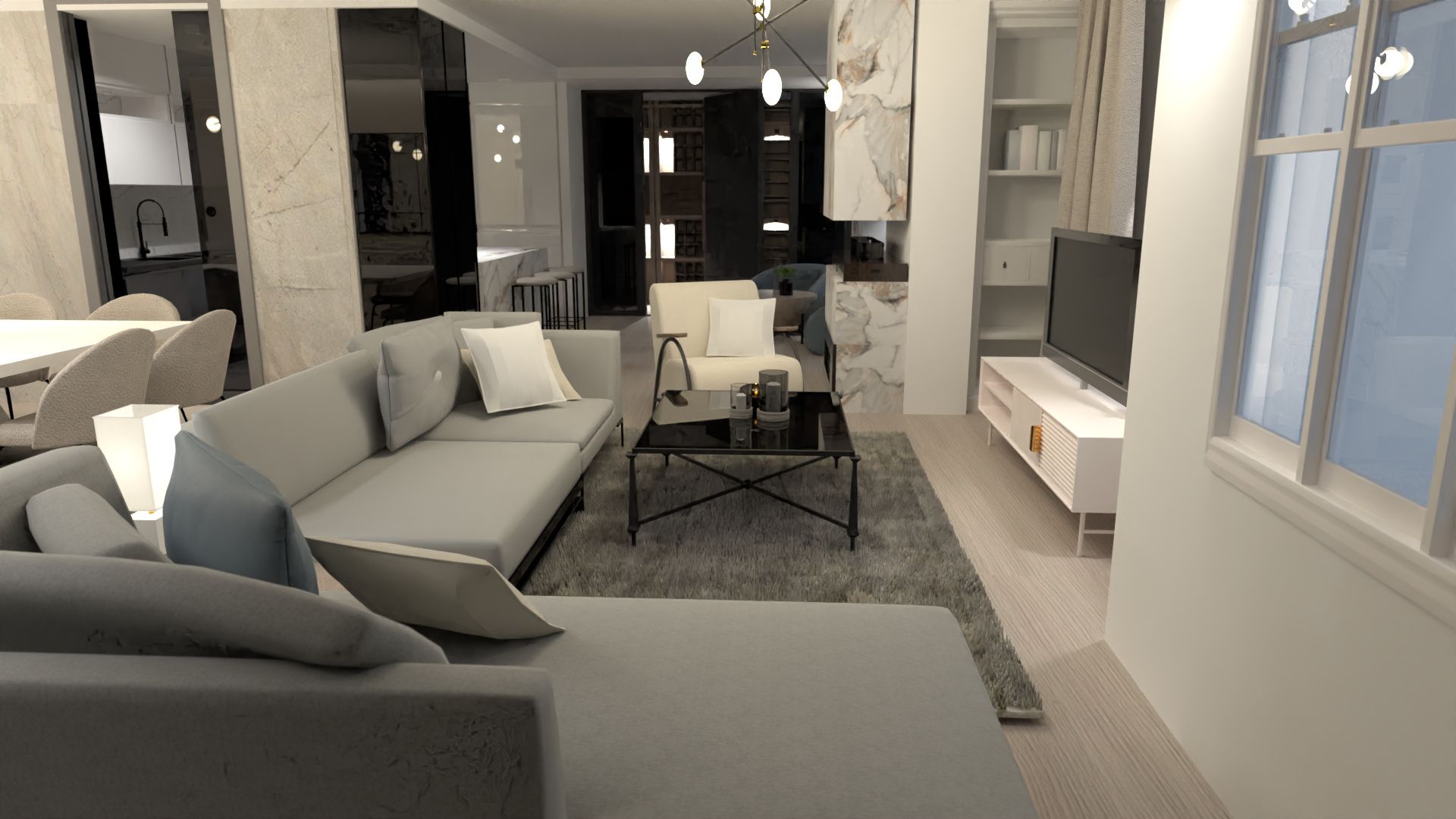 sala de estar de estilo moderno blanco y negro, render 3d planner 5d