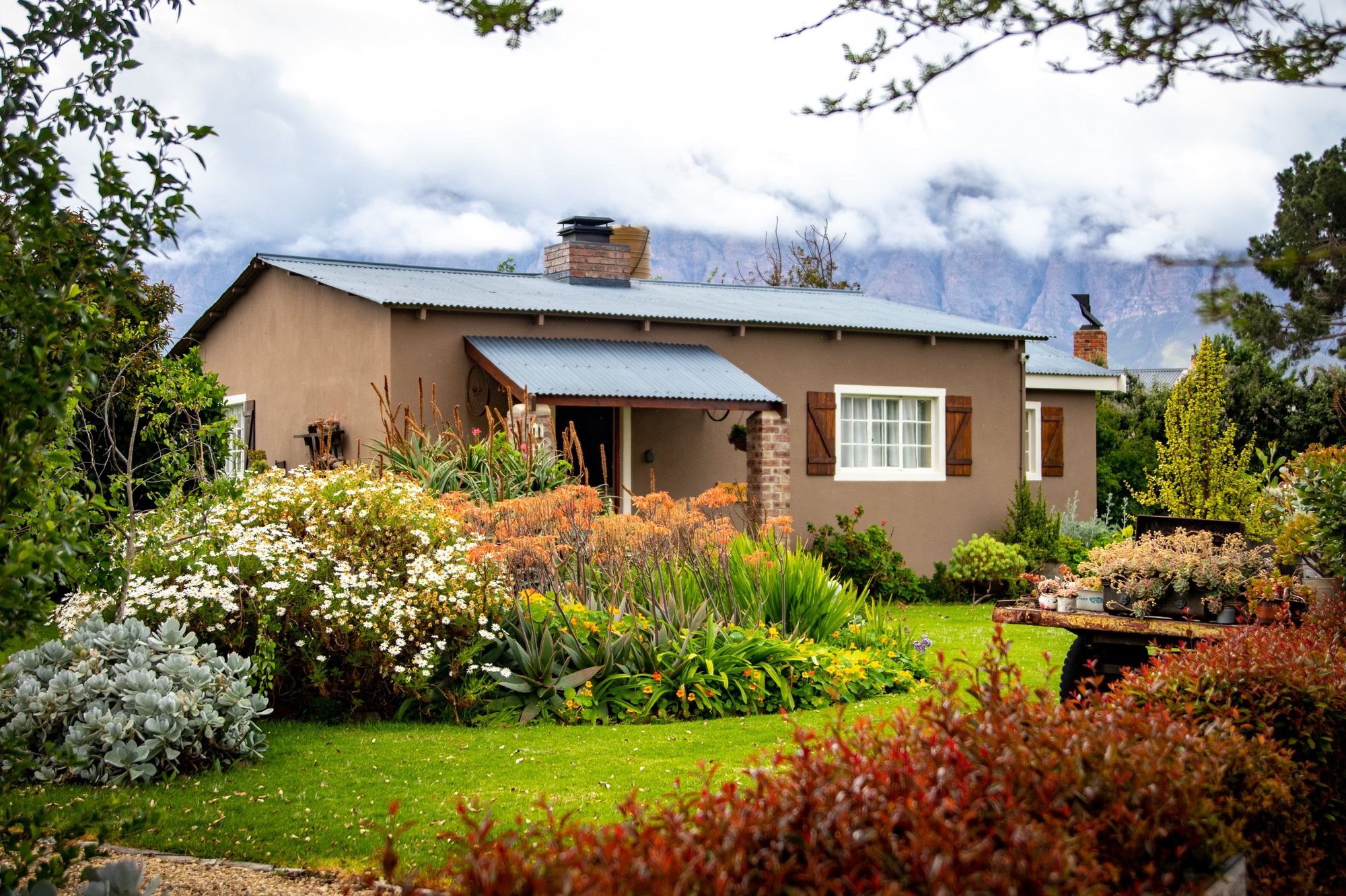 Uma casa pequena com paredes marrons e detalhes de tijolos, cercada por um jardim colorido e diversificado.