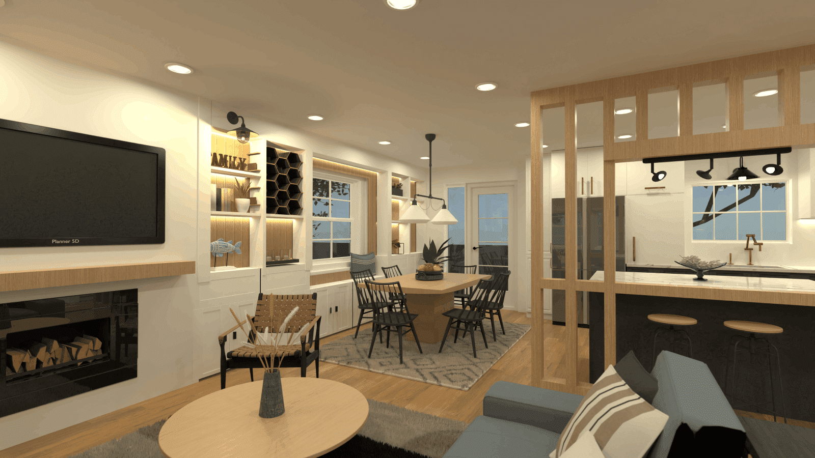 3d render of living-dinning room and open concept kitchen, 3D visualization planner 5d