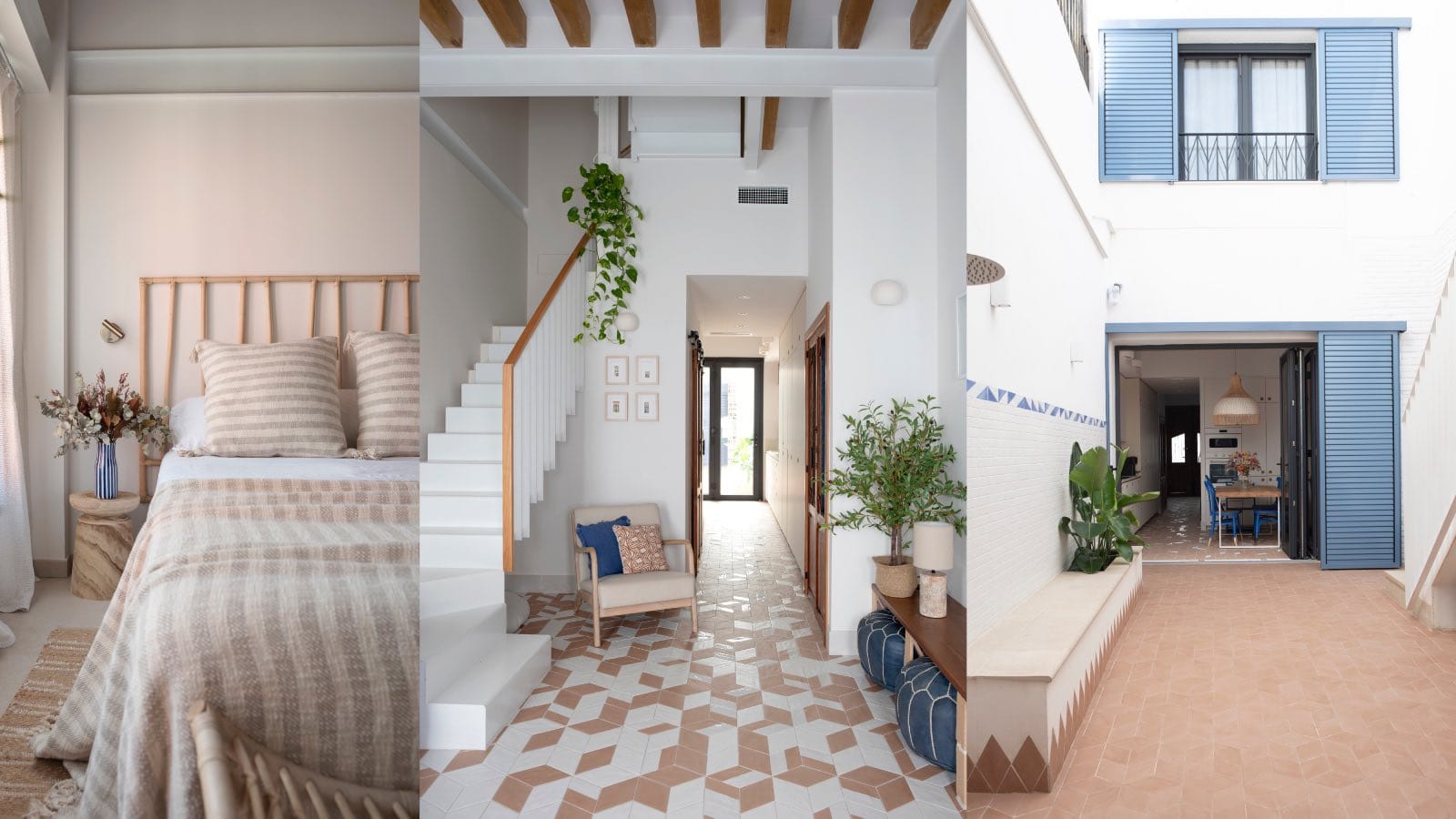 casa moderna mediterránea en valencia: dormitorio, escaleras y patio