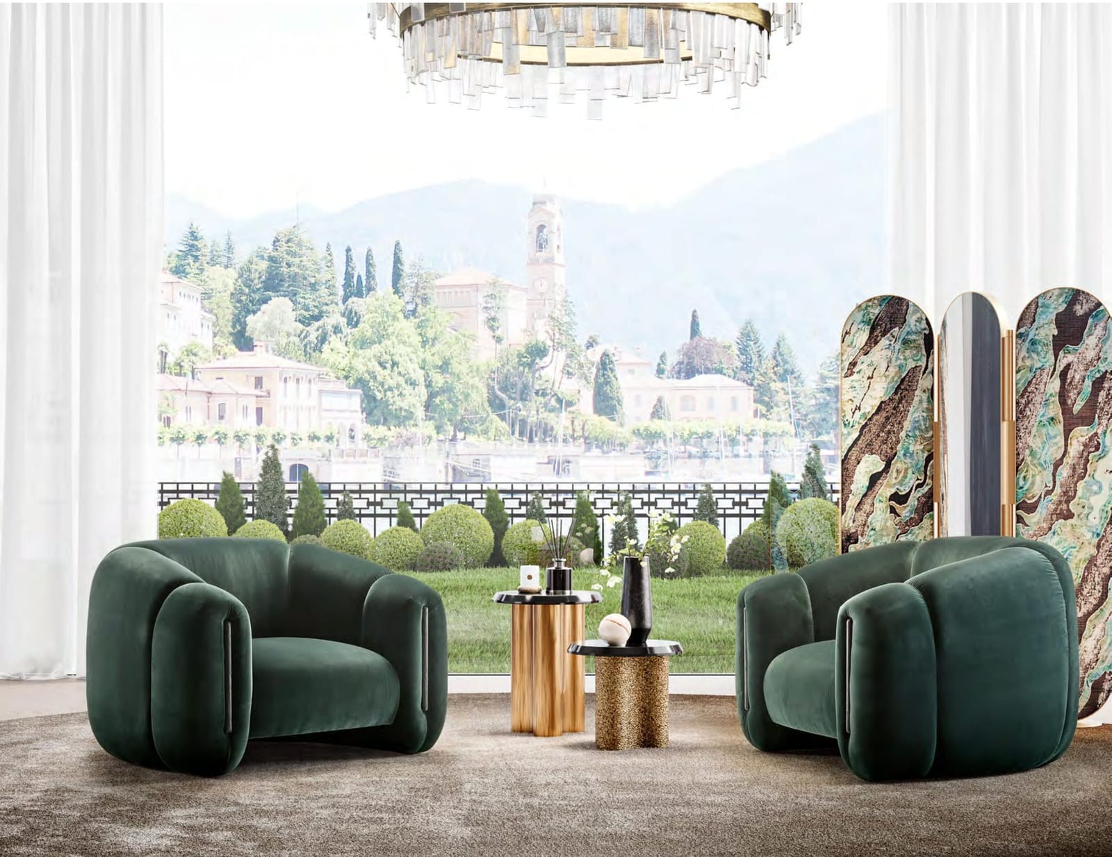 sillones de terciopelo verde con vistas en italia diseño de interiores firma salma