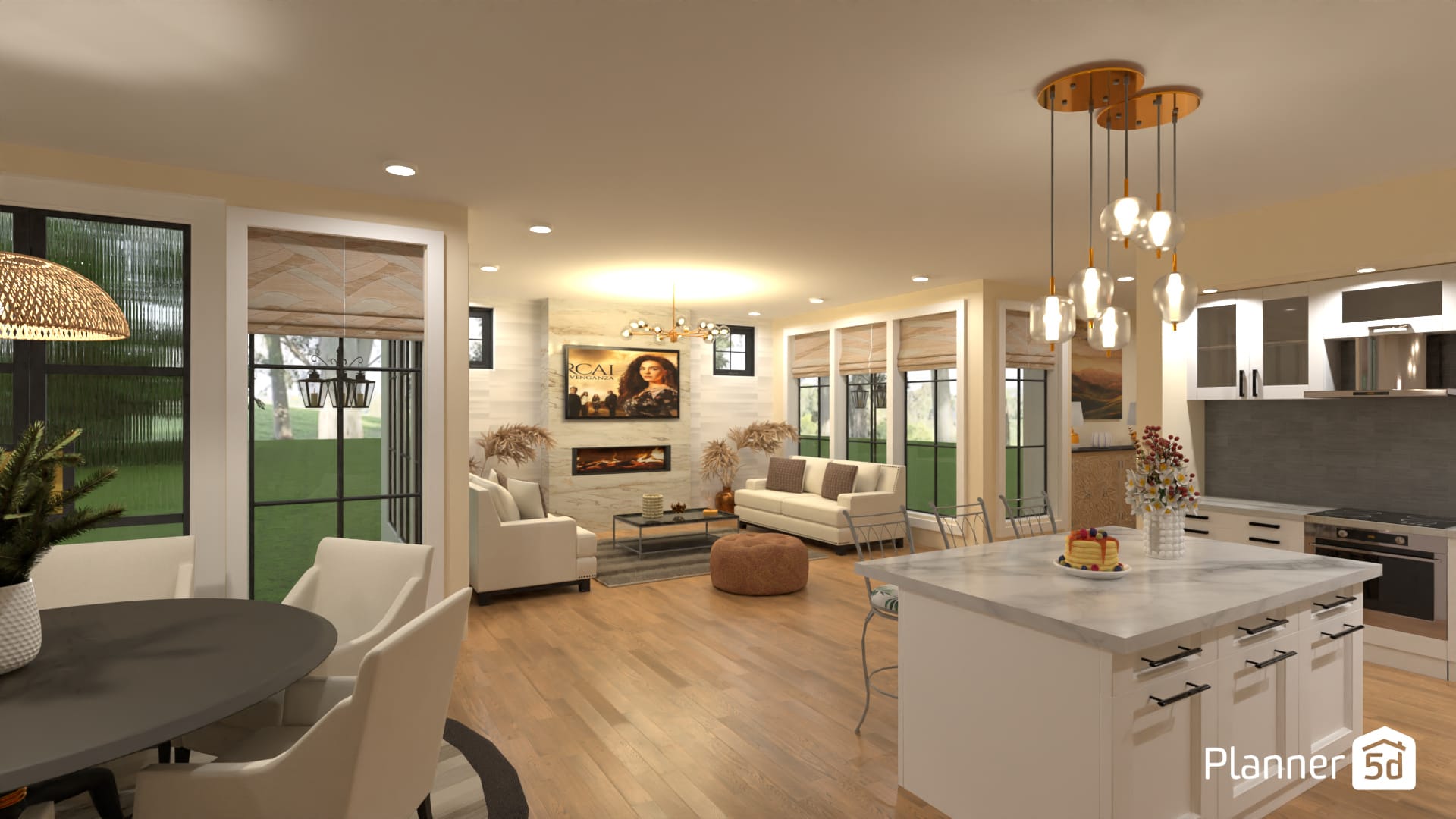 planner 5d's render of an open kitchen and a living room 