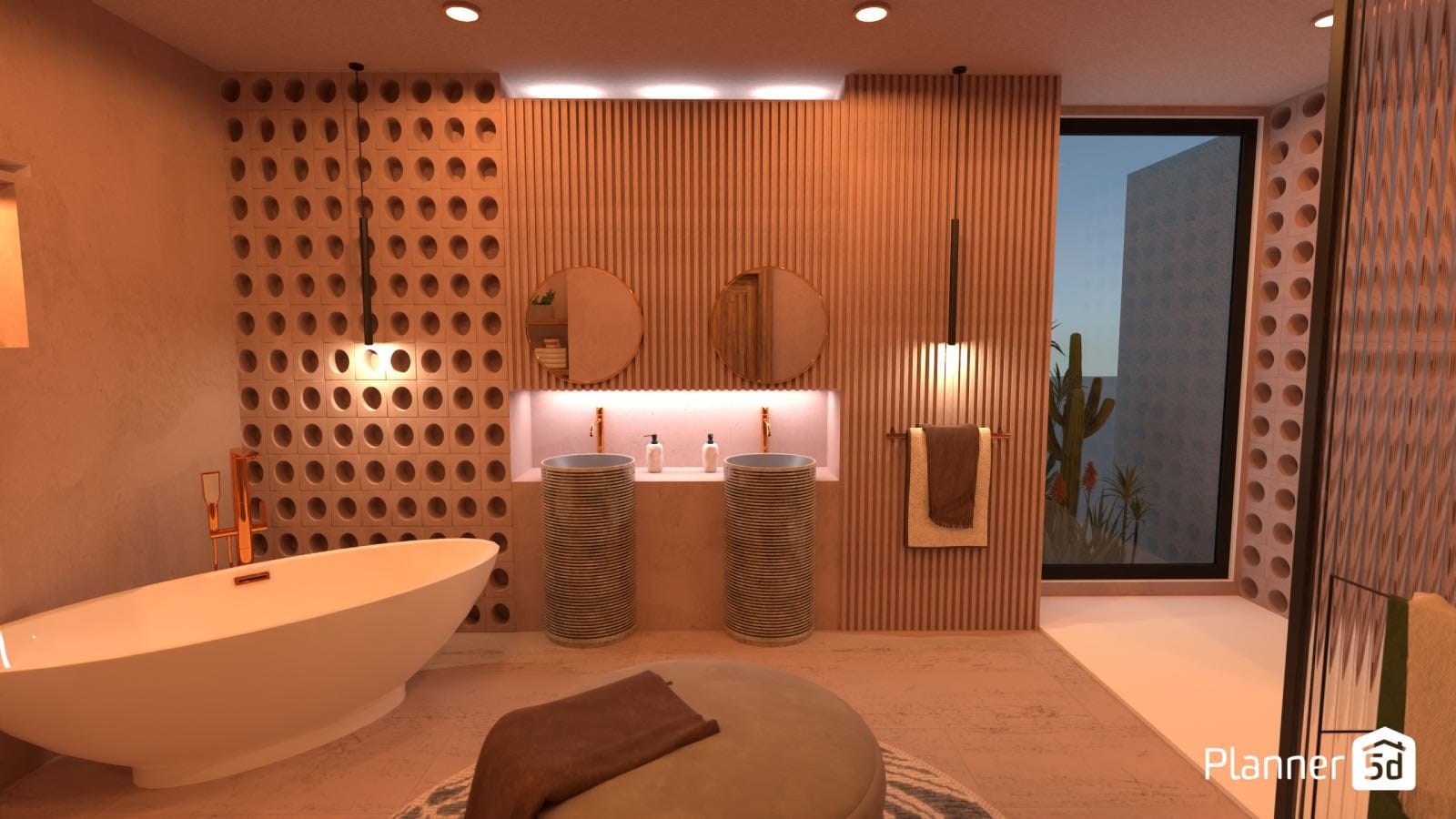 big luxurious bathroom, render created with planner 5d interior design software