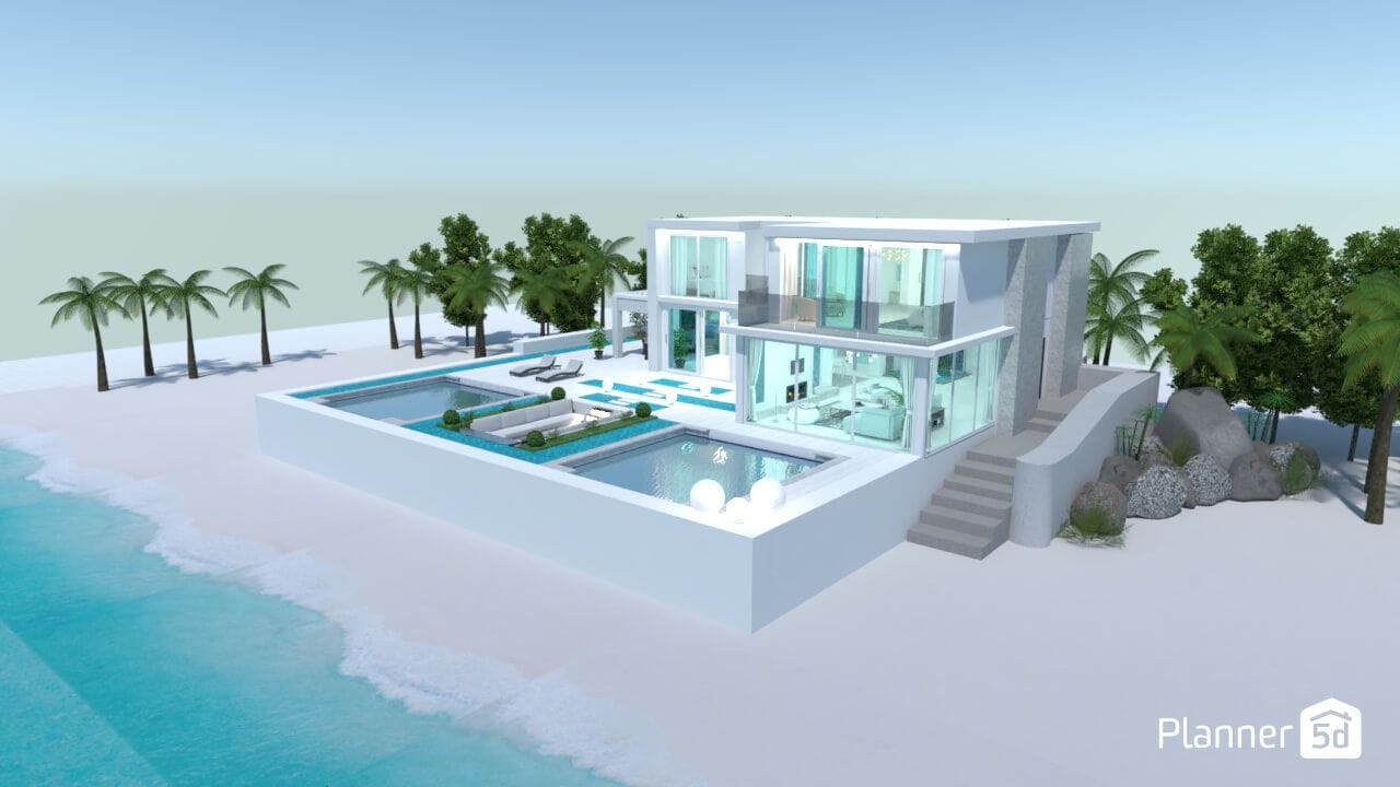 Rendering eines Poolhauses am Wasser, erstellt mit der Software Planner 5D