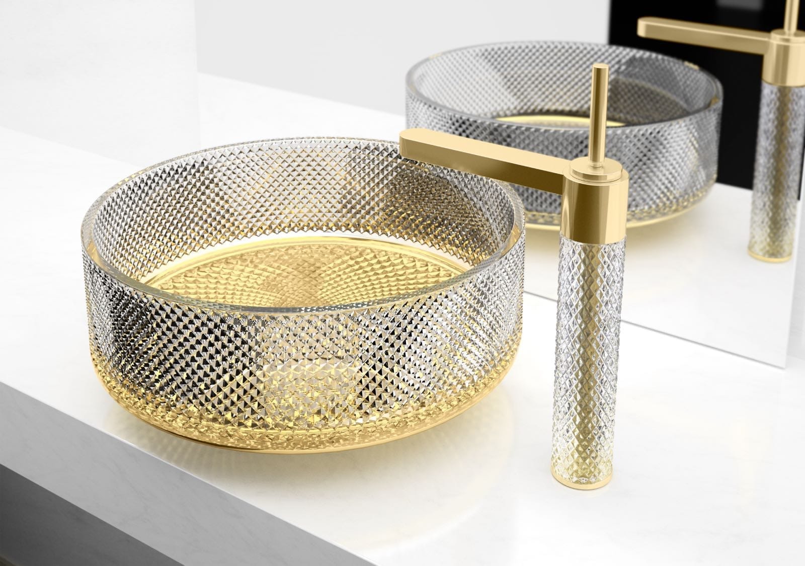 Дизайнерский смеситель и раковина из стекла и золота для ванной комнаты