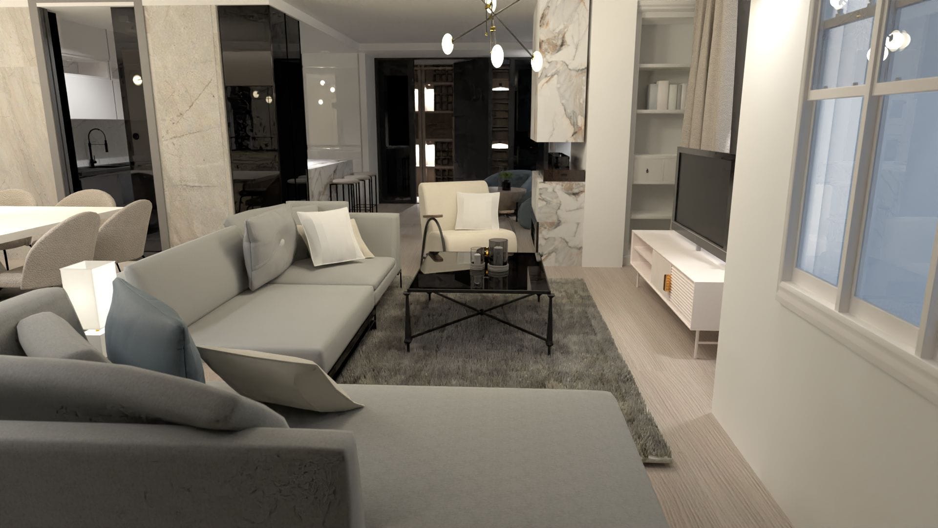 просторная гостиная в серых тонах с диваном, кофейным столиком и телевизором