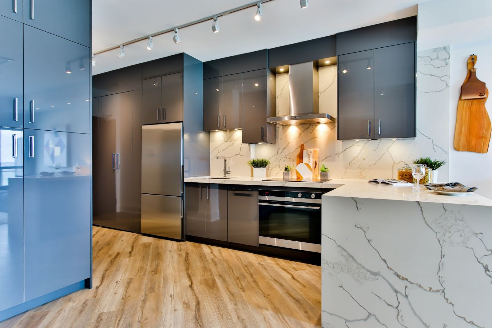 modern grey remodeled kitchen with white marble effect