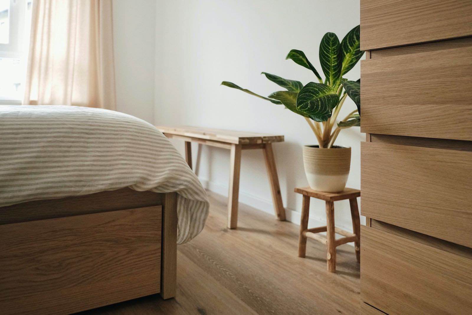 dormitorio de diseño escandinavo con planta, cajonera y muebles de madera