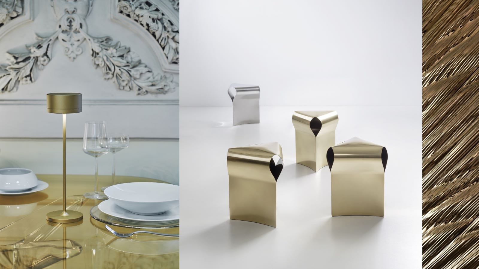 Décorations blanches et métalliques. salle à manger, tabourets dorés