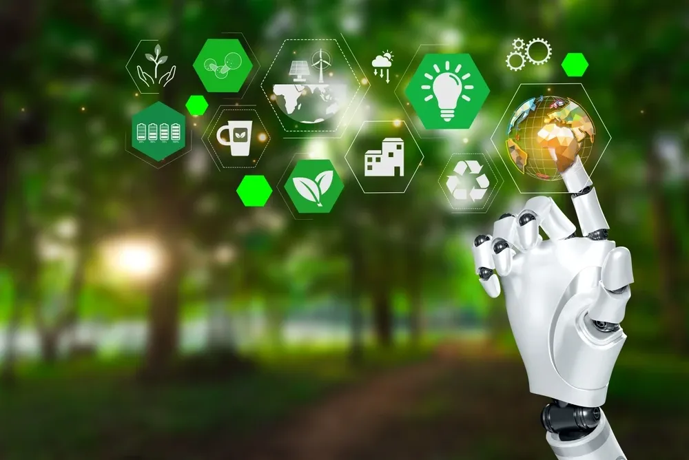 Robotic hand touching virtual apps on screen