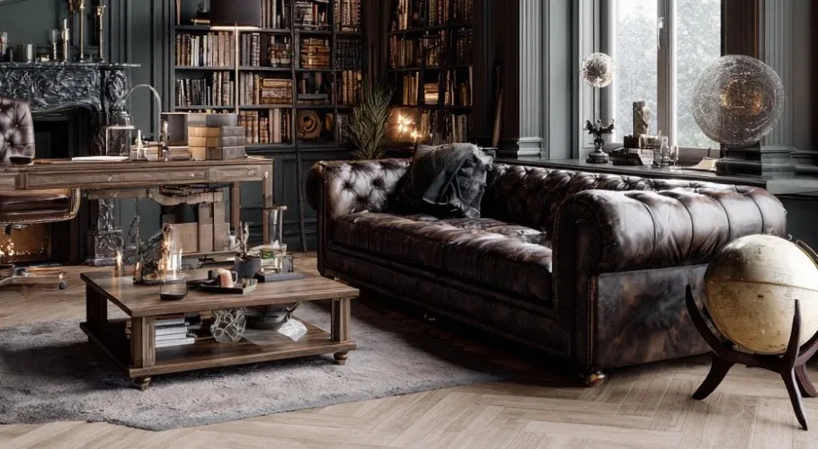 office in a dark academia style with leather chair, wooden desk and bookshelves