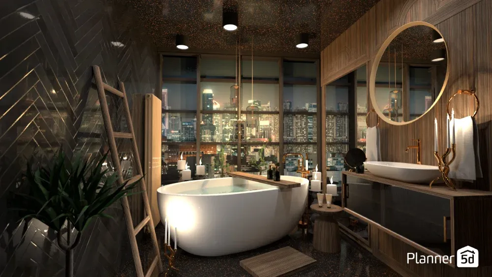 Bathroom in upscale condo with spanning views of the city scape