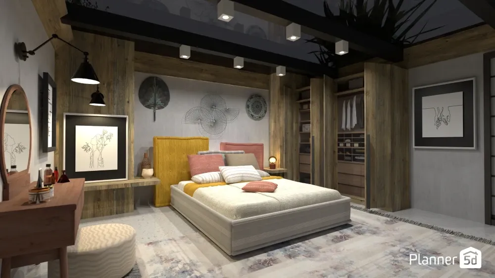 Sypialnia w stylu loftowym zaprojektowana za pomocą programu Planner 5D