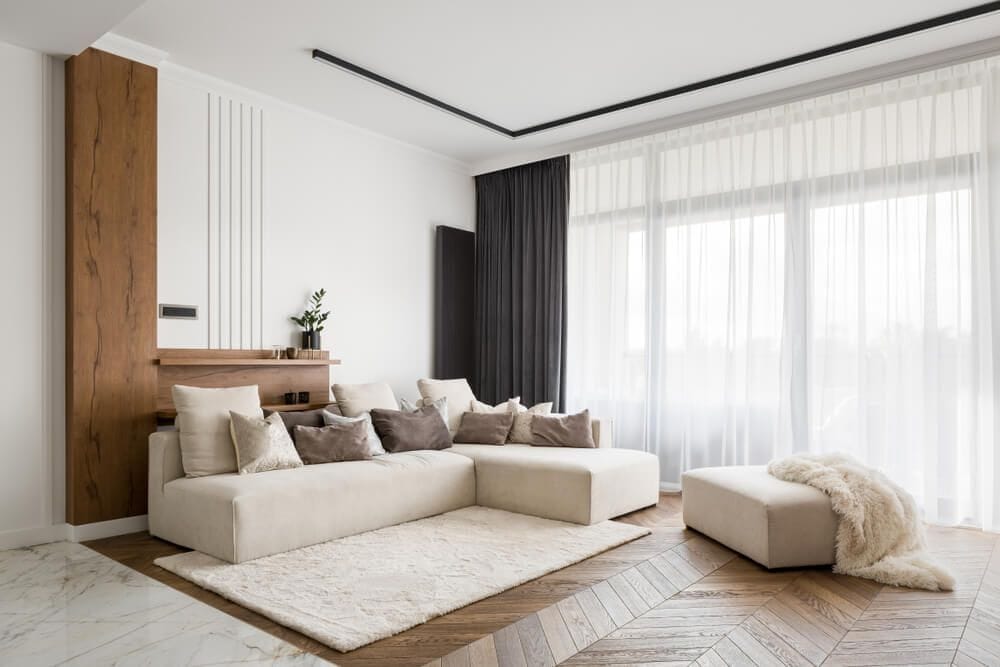 Modern living room with floor-to-ceiling curtains