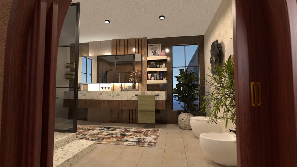 3D-Rendering eines Badezimmers. Moderner Online-Badezimmersimulator