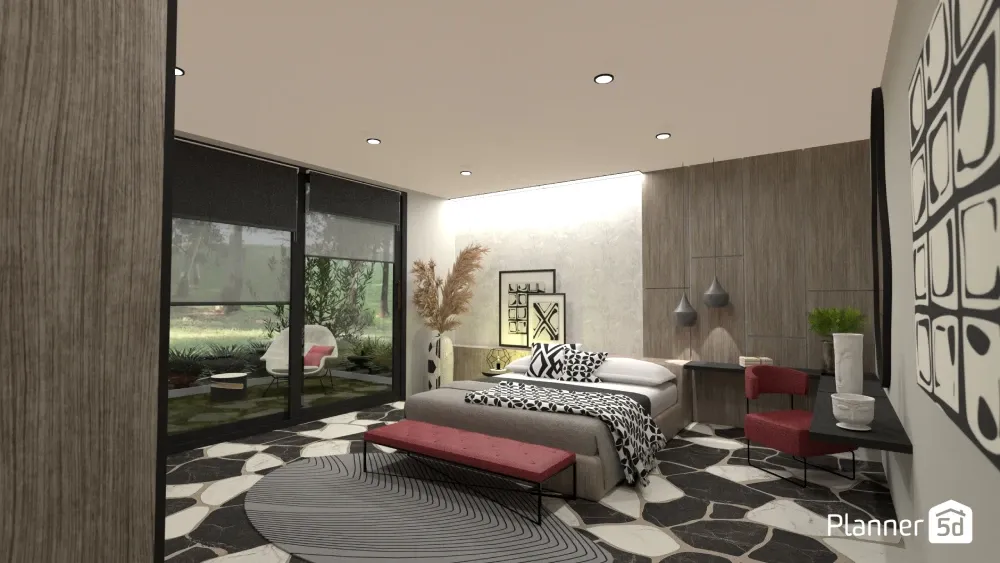 bedroom layout with a bed, side tables and bench and a patio