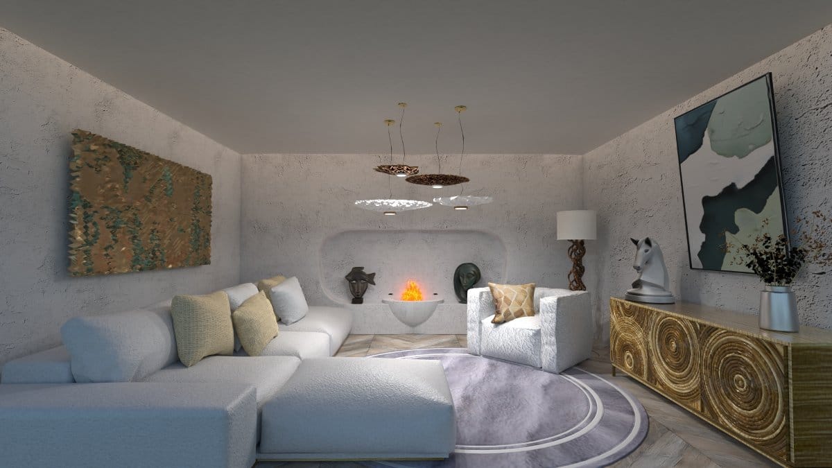 render sala de estar con sofá blanco