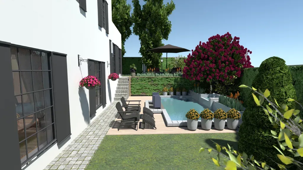  backyard with a pool and lounging area surrounded by shrubs
