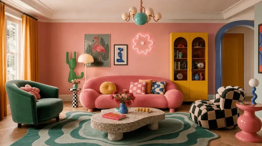 Estilo kitsch, sala de estar kitsch criada no AI Studio do Planner 5D.