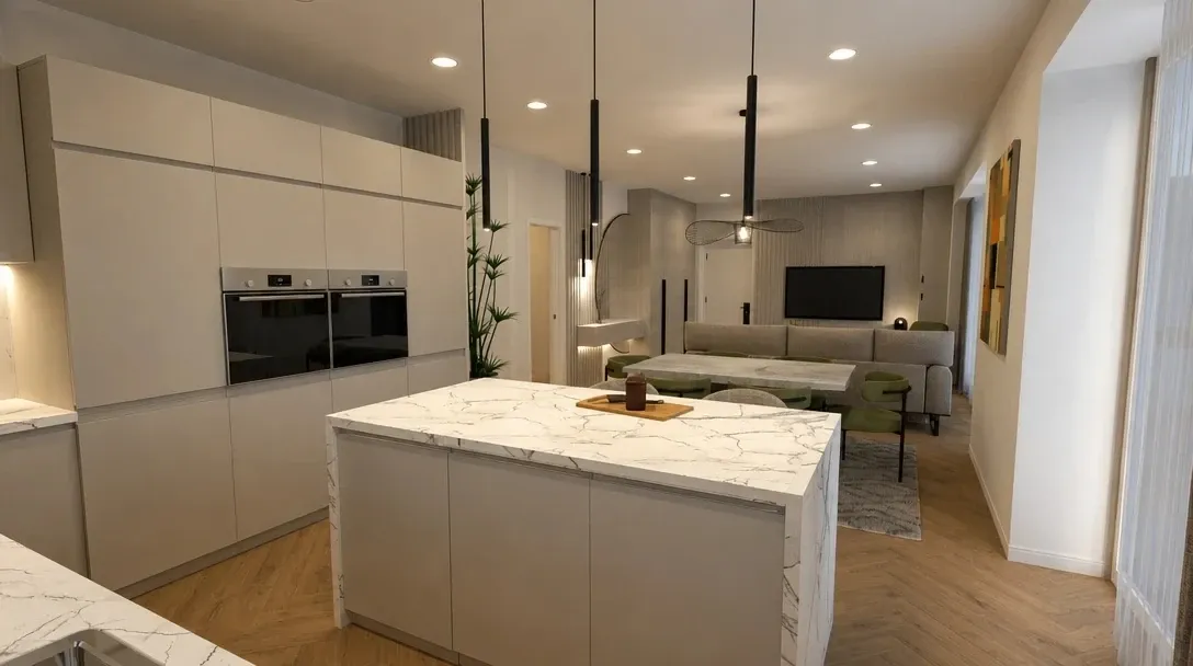 3D apartment interior design with an open-plan kitchen, dining area and living room