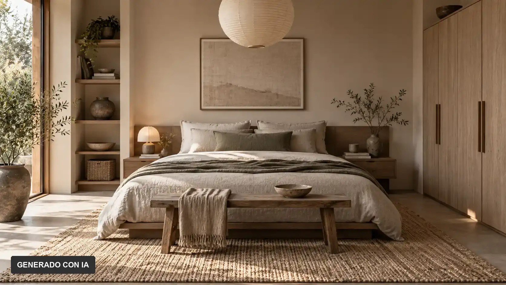 Dormitorio Japandi de tonos cálidos y materiales naturales.