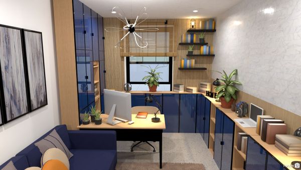 L-shaped office space with blue cabinets and light wood accents
