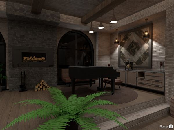 Rendering of an industrial-style living room with a piano and green fern