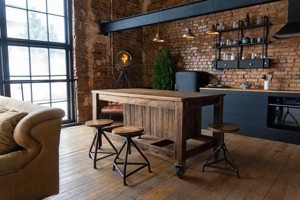 cocina de estilo industrial con isla de madera y muebles negros