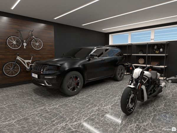Diseño de garaje con coche negro y moto hecho en Planner 5D