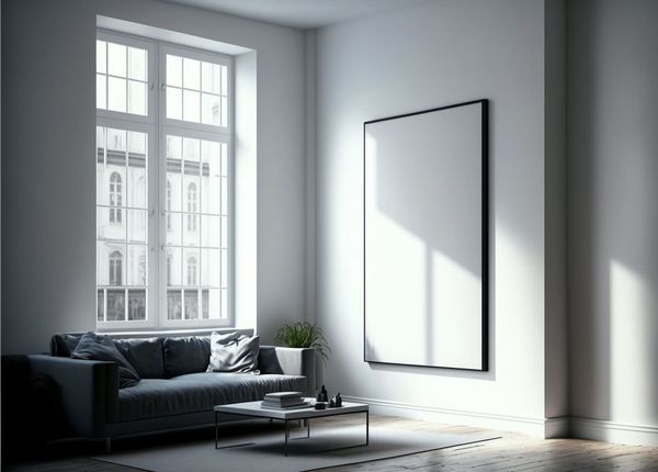 salón de diseño minimalista con arte blanco y gris y ventana grande
