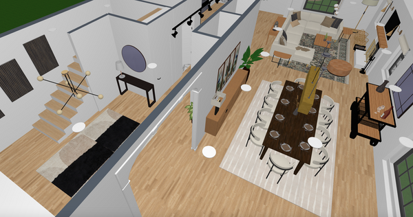 Plano de casa moderna con vestíbulo, comedor y sala de estar en planta baja
