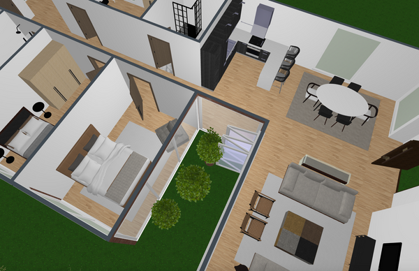 plano de casa de 4 dormitorios con salón-comedor, cocina y jardín
