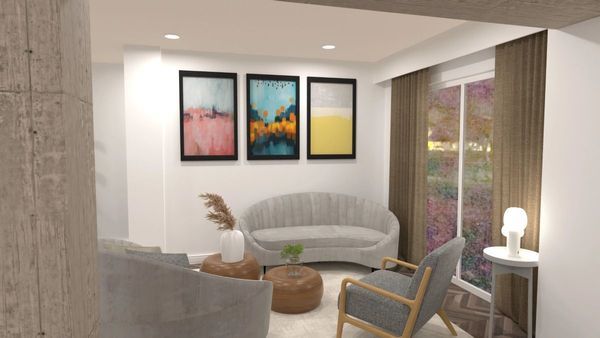 sala de estar moderna, elegante, acogedora de Planner 5D con comedor y cocina