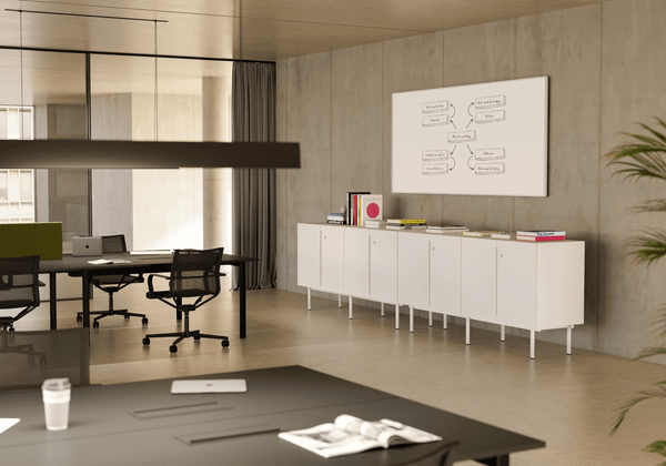 beautiful designer office furniture by ofitres, white storage cupboard, black desks 