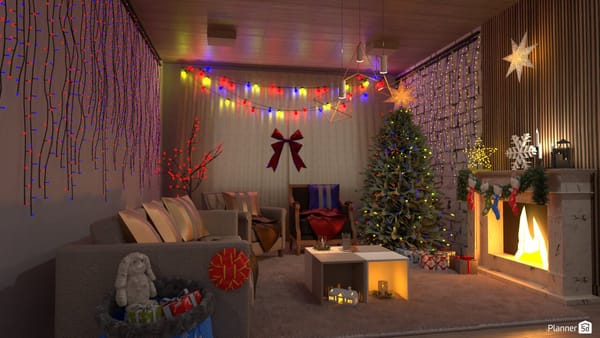 friedliche weihnachtsszene mit weihnachtsbaum, girlanden, einem kamin und geschenken