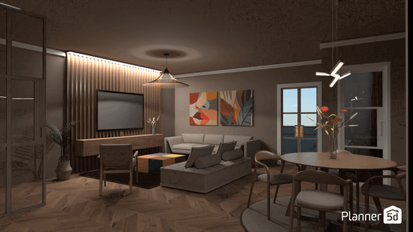 salón comedor moderno de concepto abierto con muebles de madera y obras de arte planner 5d