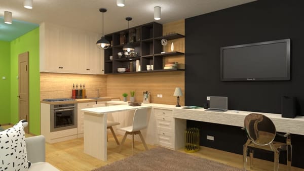 Küche kombiniert mit einem Arbeitsbereich mit brauner Wolle und einem Flachbildfernseher