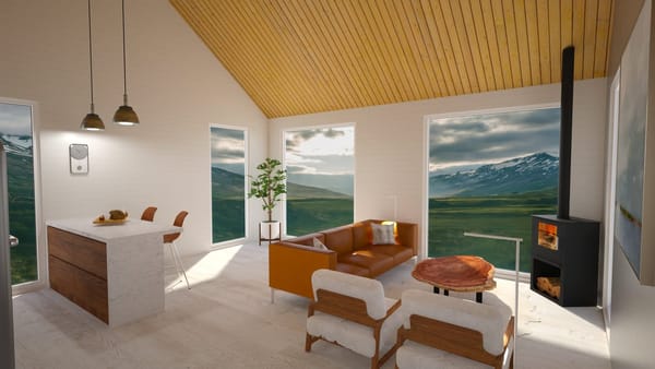 3d render created with floorplanner, livingroom with kitchen island