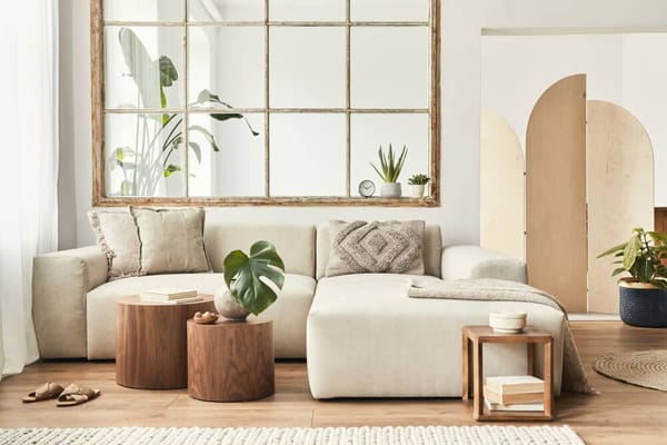 ein cremefarbenes Sofa und kleine Couchtische aus Holz in einer neutralen Farbpalette