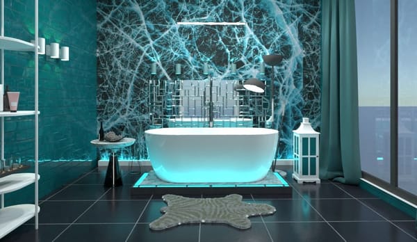 проект роскошной ванной комнаты с панорамными окнами и голубой подсветкой