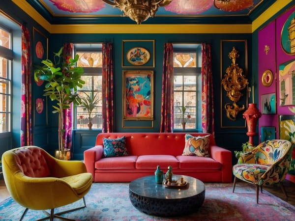 living room decorated in a maximalist interior design style